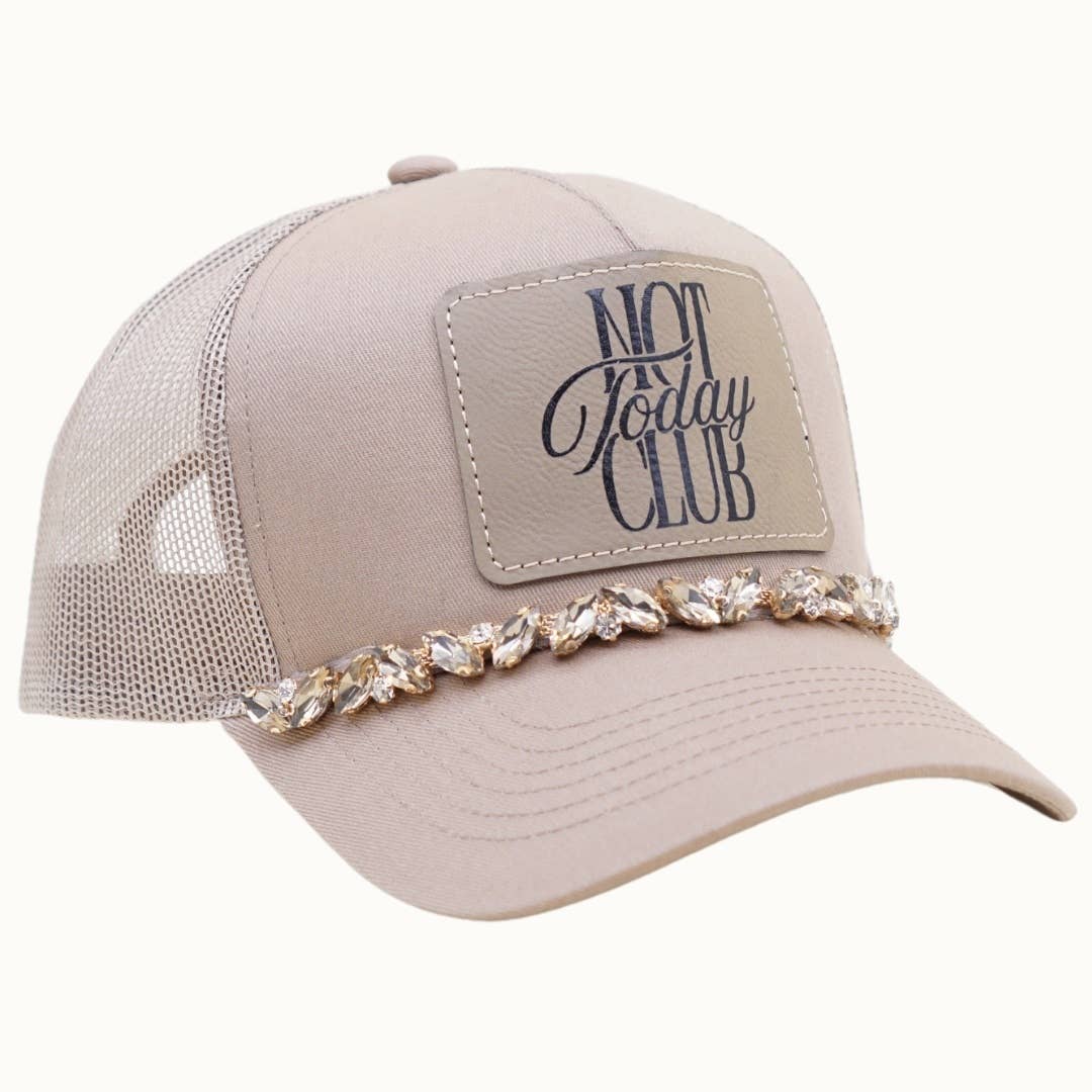 NOT TODAY CLUB Bejeweled Glitz Trucker Cap + Leatherette: Beige