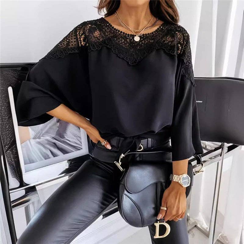 Round Neck Long Sleeve Lace Trim Shirt: WHITE / S