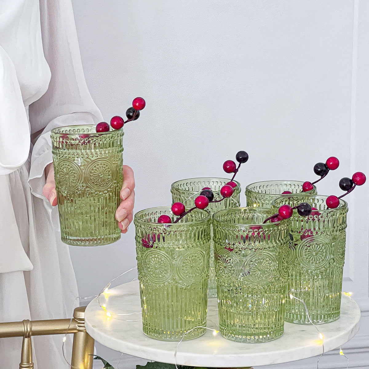 Vintage Textured Sage Green Drinking Glasses (6 pcs)