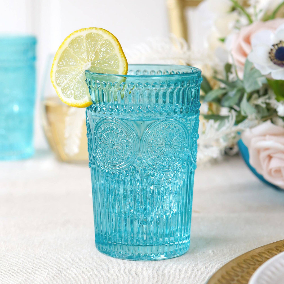 Vintage Textured Aqua Blue Drinking Glasses (Set of 6)