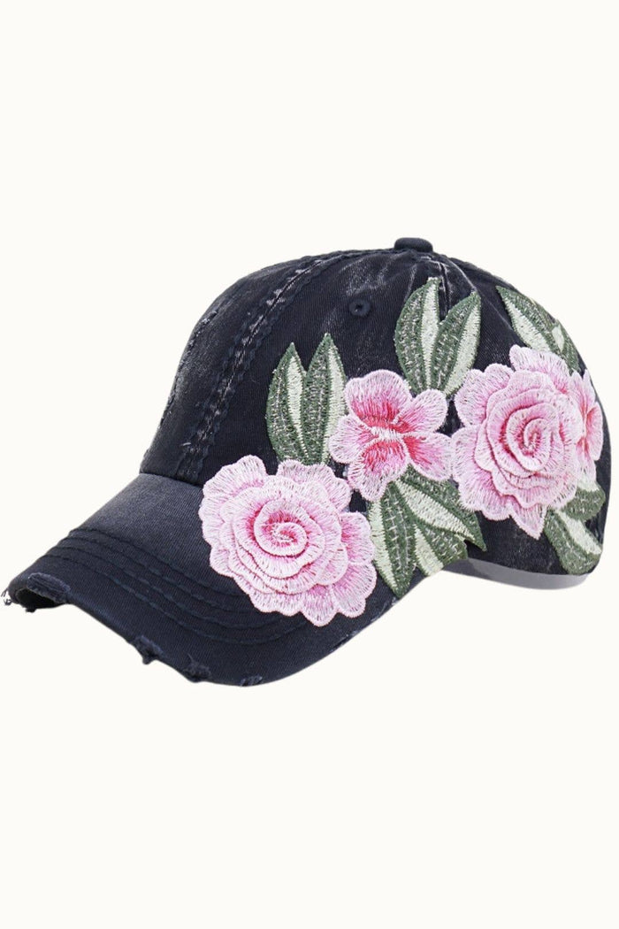 Floral Embroidery Adjustable Dad Cap with Tonal PU Leather: Black