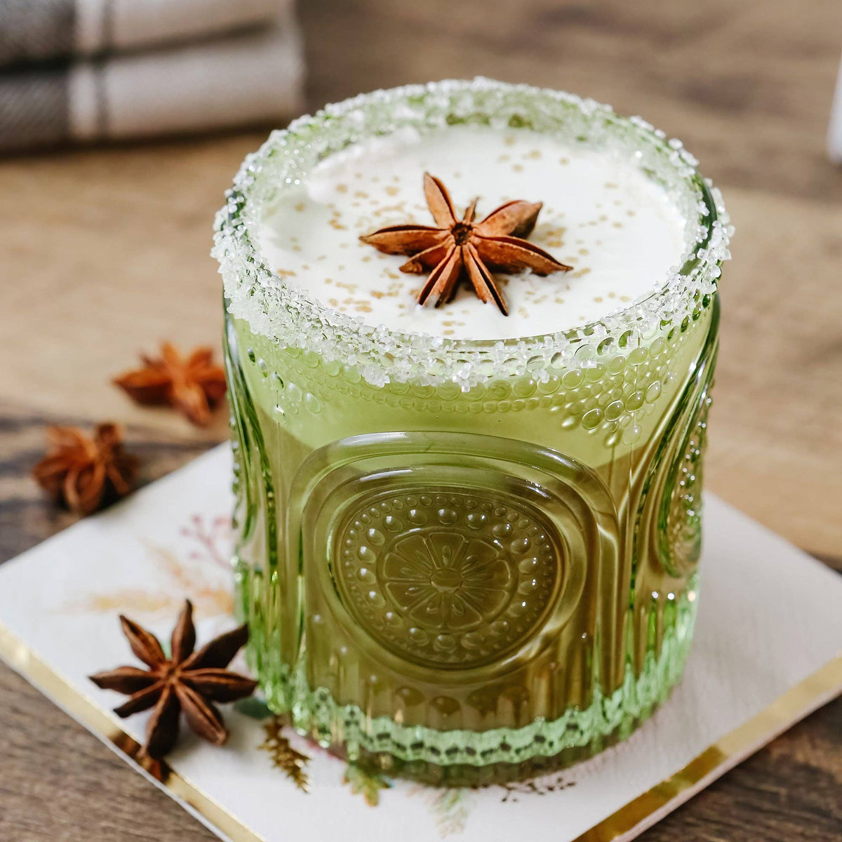 10 oz. Ribbed Retro Arch Floral Green Drinking Glasses (Set
