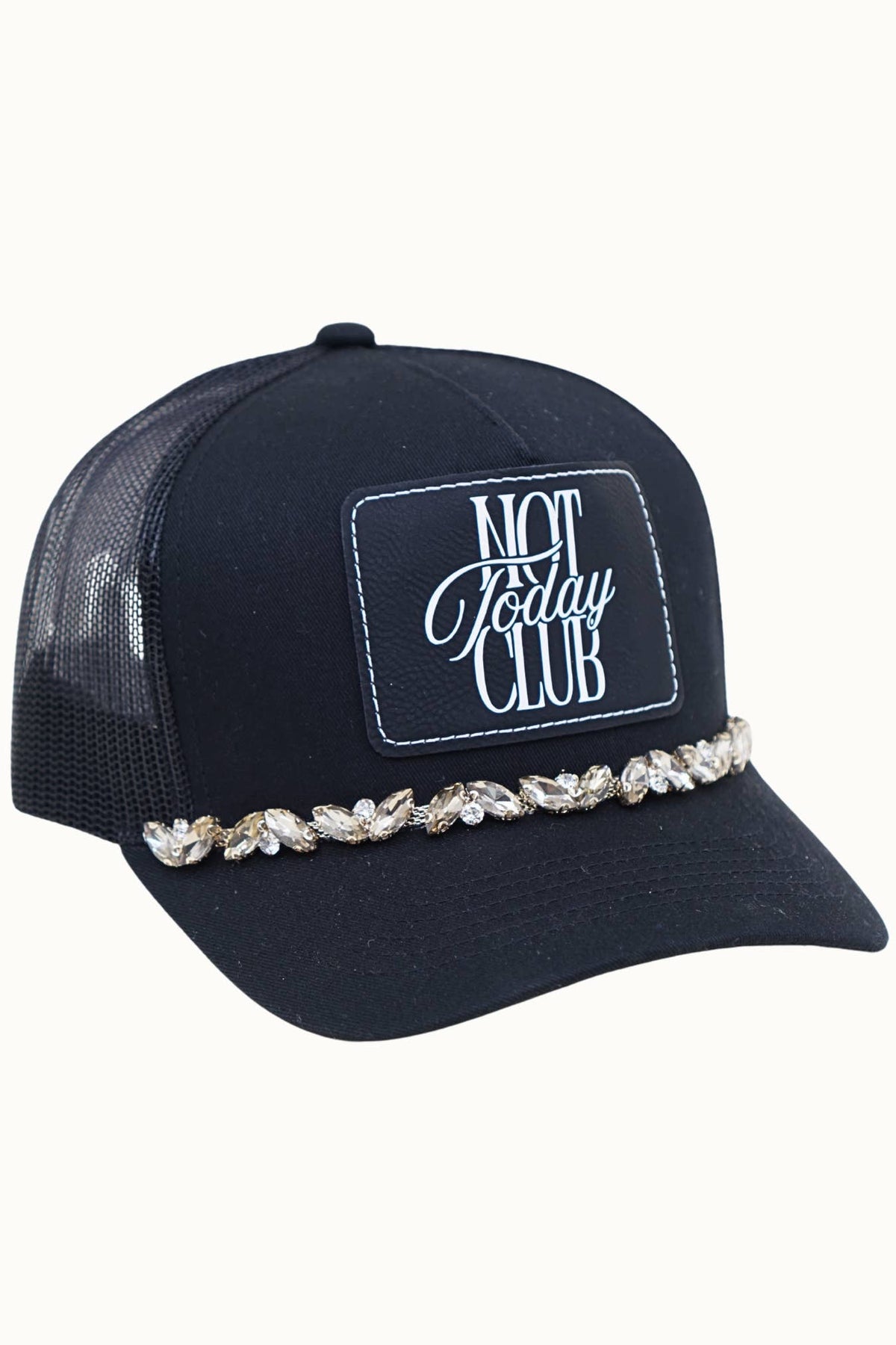 NOT TODAY CLUB Bejeweled Glitz Trucker Cap + Leatherette: Beige