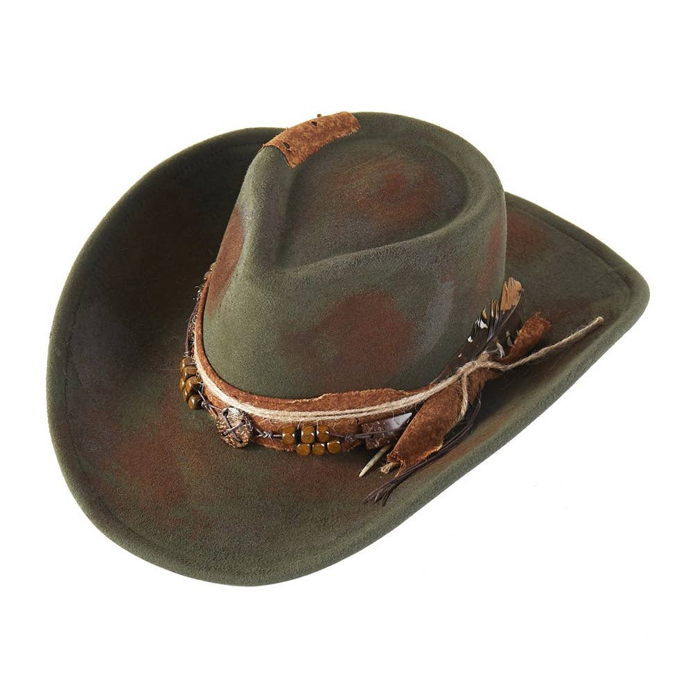 Feather Accent Beaded Band Rustic Vintage Distressed Western Cowgirl Fedora Hat