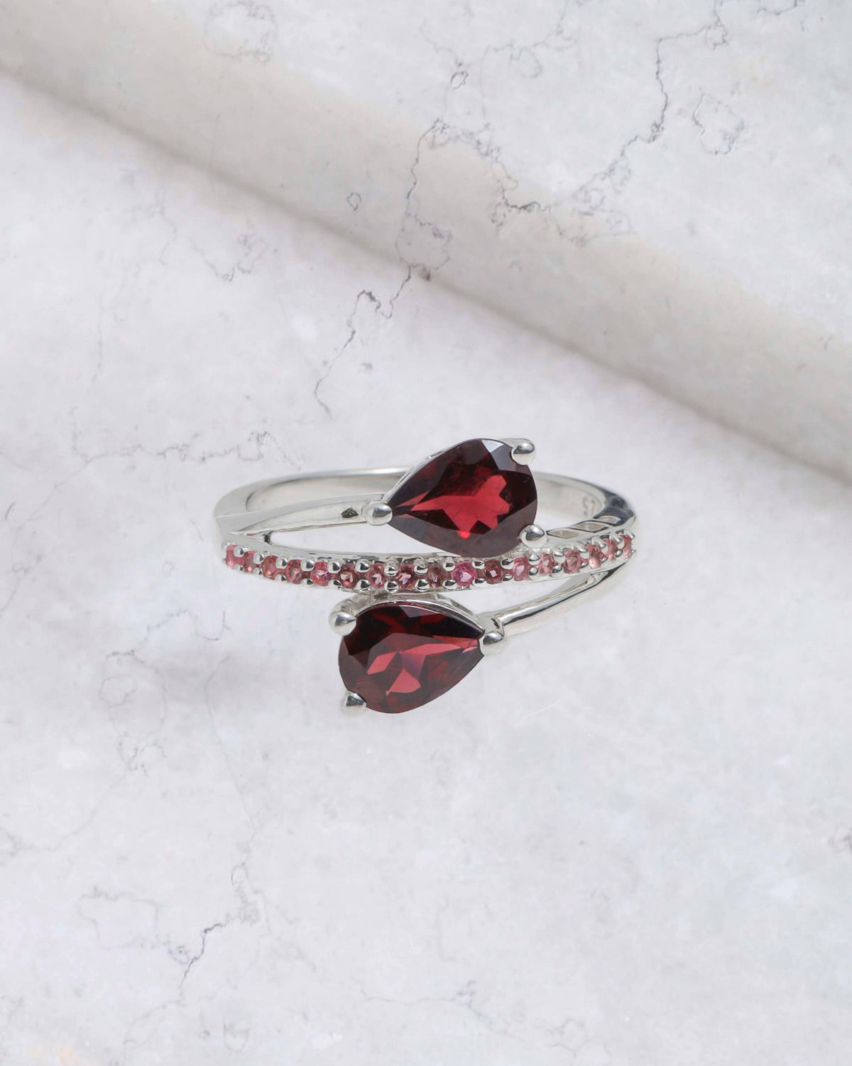 925 Sterling Silver Rhodolite Garnet Twin Flame Bypass Ring: 10