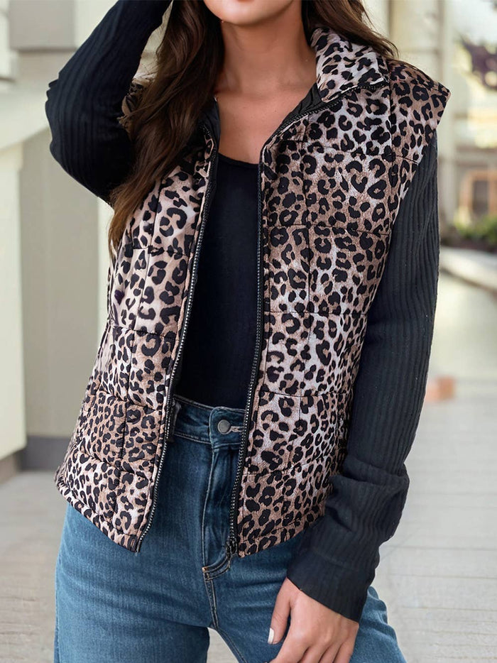 Leopard Quilted Full Zipper Casual Puff Vest: Brown / L