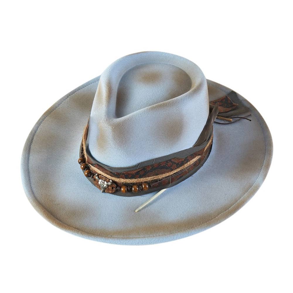 Steer Head Accent Feather Beaded Band Rustic Vintage Distressed Western Cowgirl Fedora Hat
