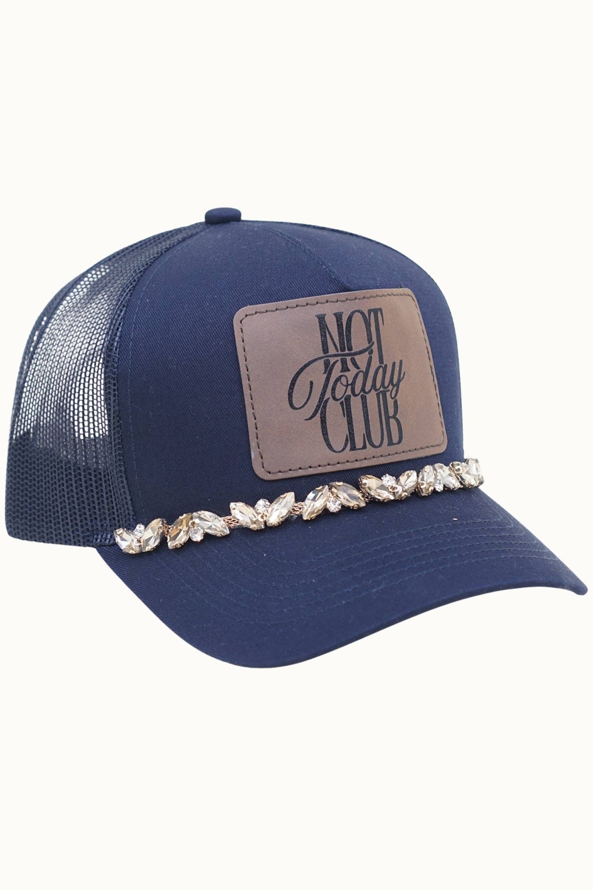 NOT TODAY CLUB Bejeweled Glitz Trucker Cap + Leatherette: Beige