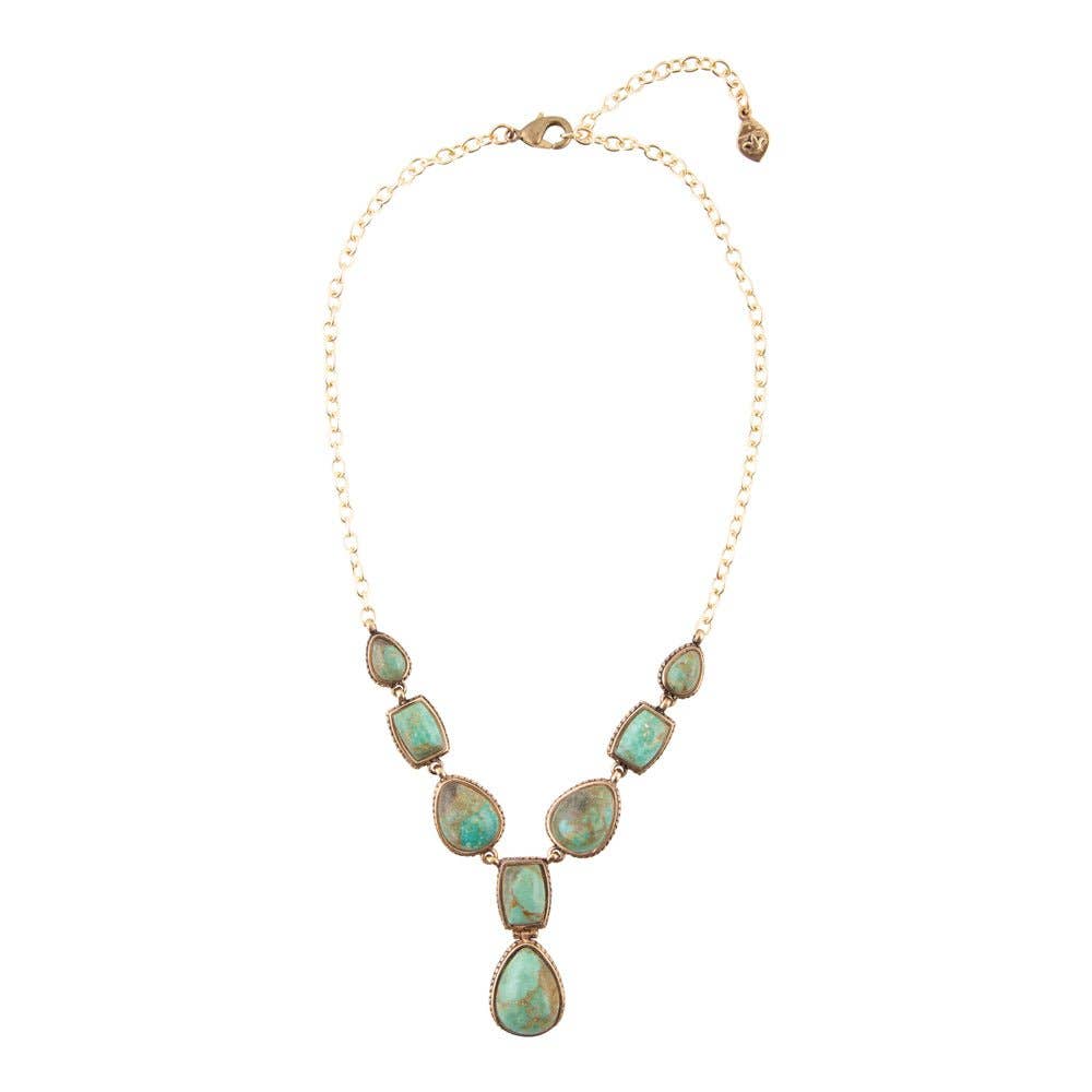 Genuine Blue Turquoise Roped Golden Bronze Y Necklace